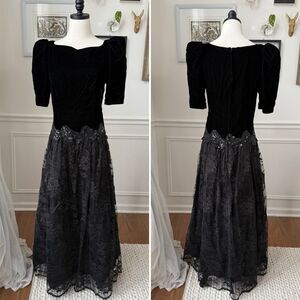 Vintage 80s Scott McClintock Prom Dress Black Lace Velvet M L